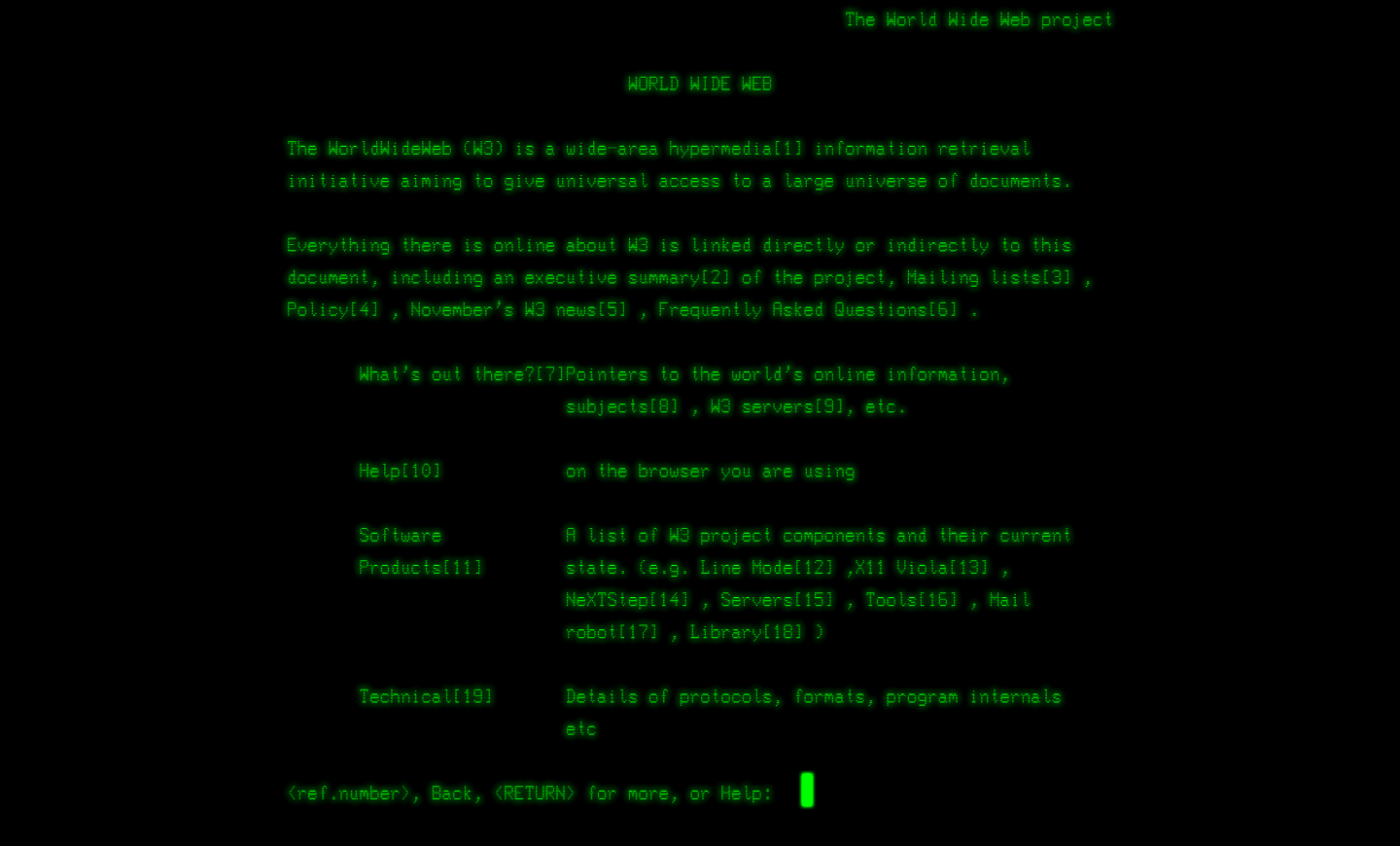 Screenshot of the recreated first website viewed through the line-mode browser